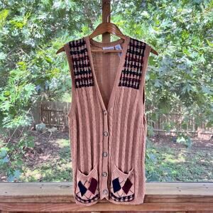 Russ Women's Vintage Tan Argyle Button Front Sweater Vest Size L